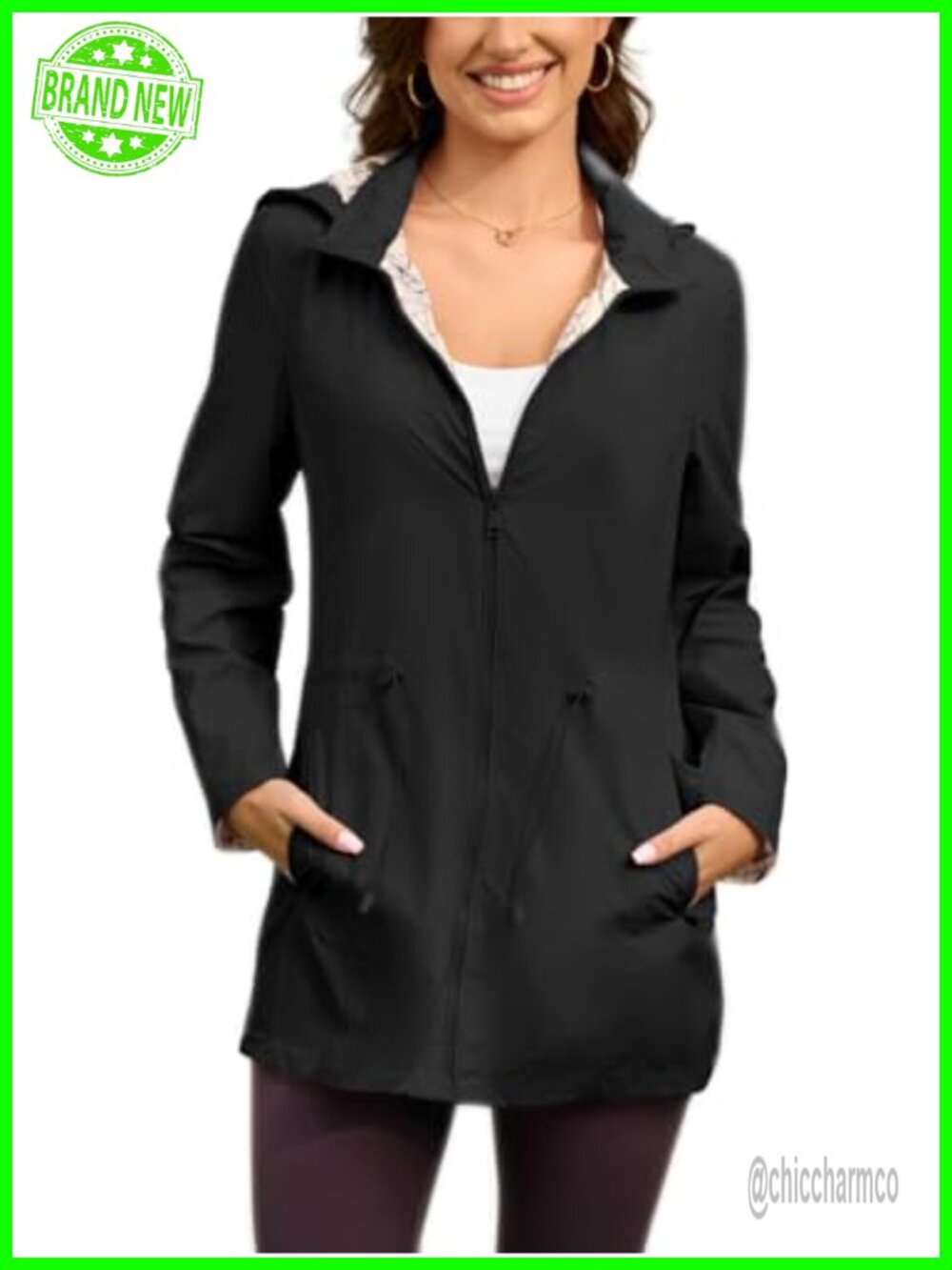Women's Waterproof Raincoat Lightweight Hooded Windbreaker Long Trench Jacket